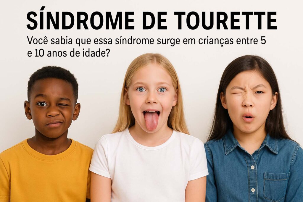 Três crianças de idades distintas representando o surgimento da síndrome de Tourette entre os 5 e 10 anos de idade.
