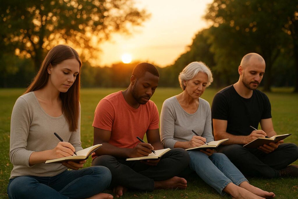 Grupo de pessoas sentadas em um parque, praticando journaling espiritual ao pôr do sol.