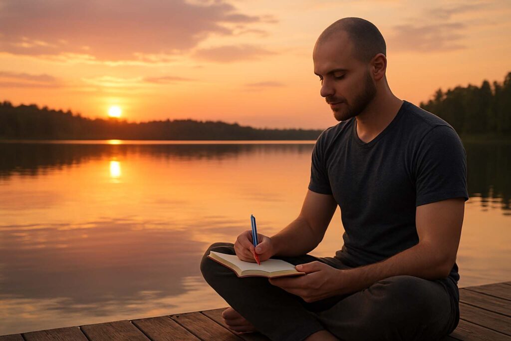 Homem sentado à beira de um lago escrevendo em seu diário de gratidão, ao pôr do sol.