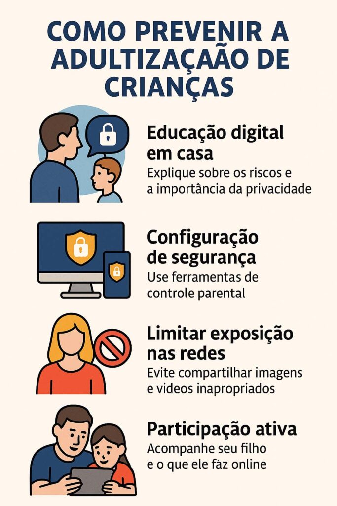 Infográfico de como previnir a adultização de crianças.