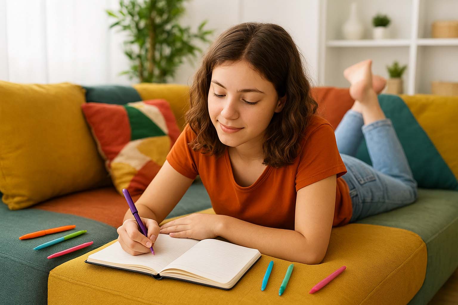 Uma jovem deitada em seu sofá escrevendo em seu diário da gratidão.