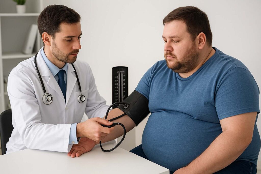 Médico aferindo pressão arterial de paciente com obesidade.