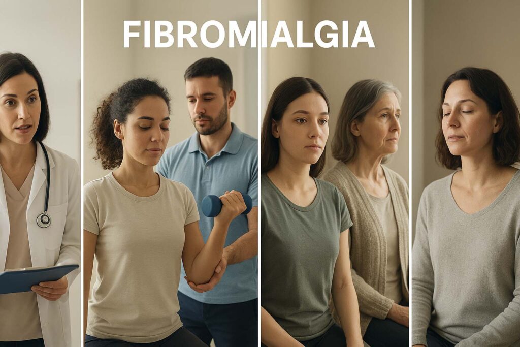 Imagem ilustrativa mostrando mitos e verdades sobre a fibromialgia, incluindo reconhecimento médico, relação com sedentarismo, sintomas variados e ausência de cura definitiva.
