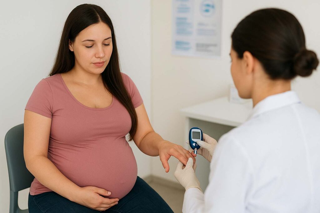 Mulher grávida em posto médico aferindo a diabetes com o glicosímetro