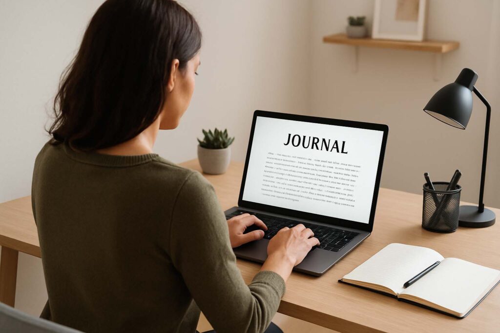 Jovem mulher sentada em sua mesa de escrita praticando ou Journaling em seu lap top.