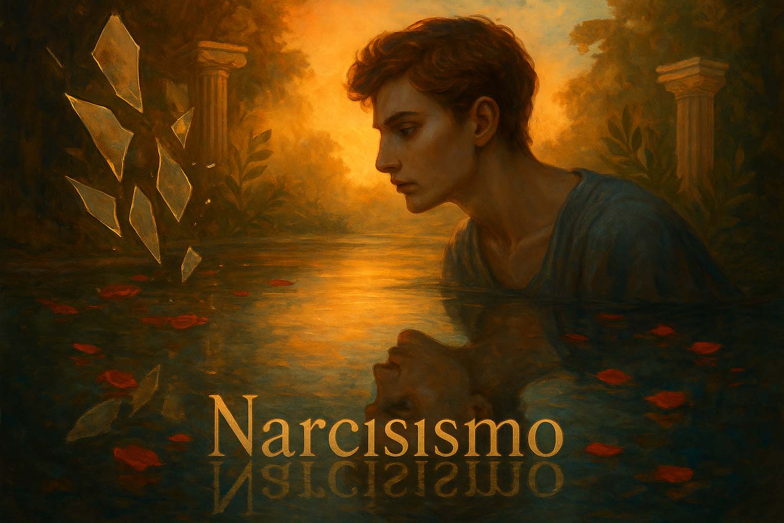Imagem digital-art representando o narcisismo, com personagem observando seu reflexo em lago, elementos simbólicos e palavra ‘Narcisismo’ refletida na água.