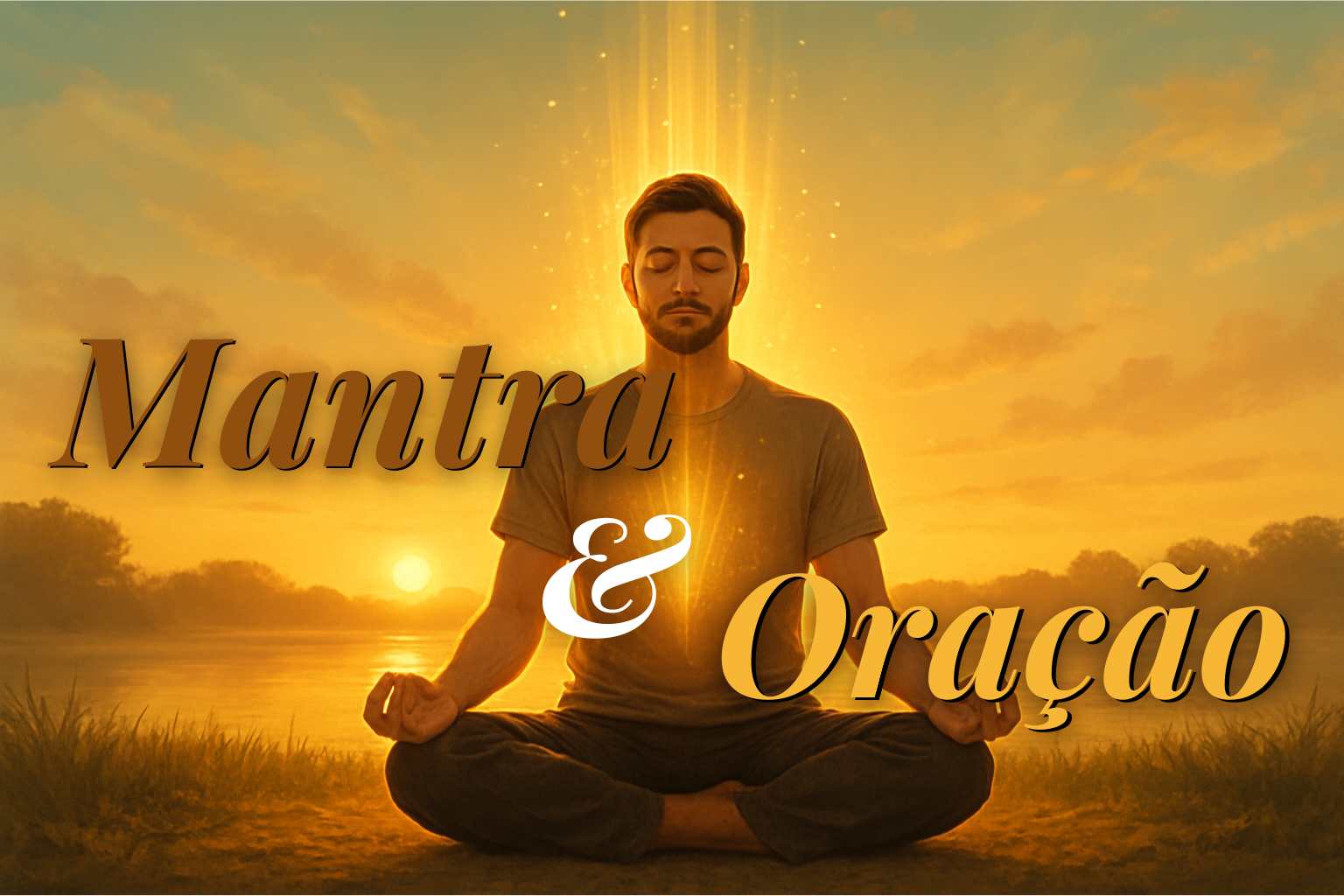 Imagem realista de uma pessoa em postura meditativa, iluminada por uma aura dourada, simbolizando o poder dos mantras e da oração para equilíbrio e clareza espiritual, exclusiva do blog Conexão CME.
