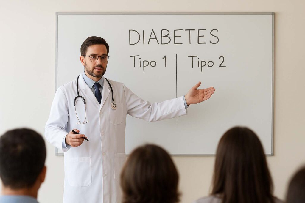 Profissional de saúde ministrando seminário sobre diabetes tipo 1 e 2.