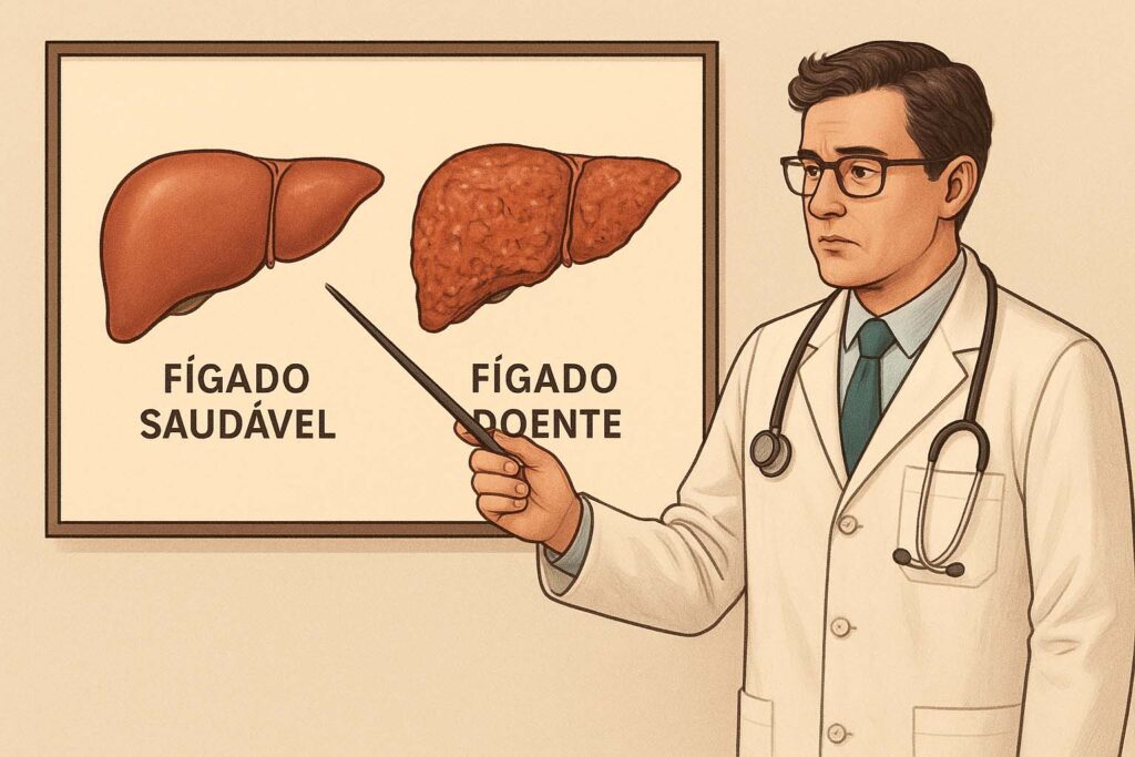 Profissional de saúde mostrando a diferença entre um fígado humano saudável e um fígado doente, impactado pelo alcoolismo.