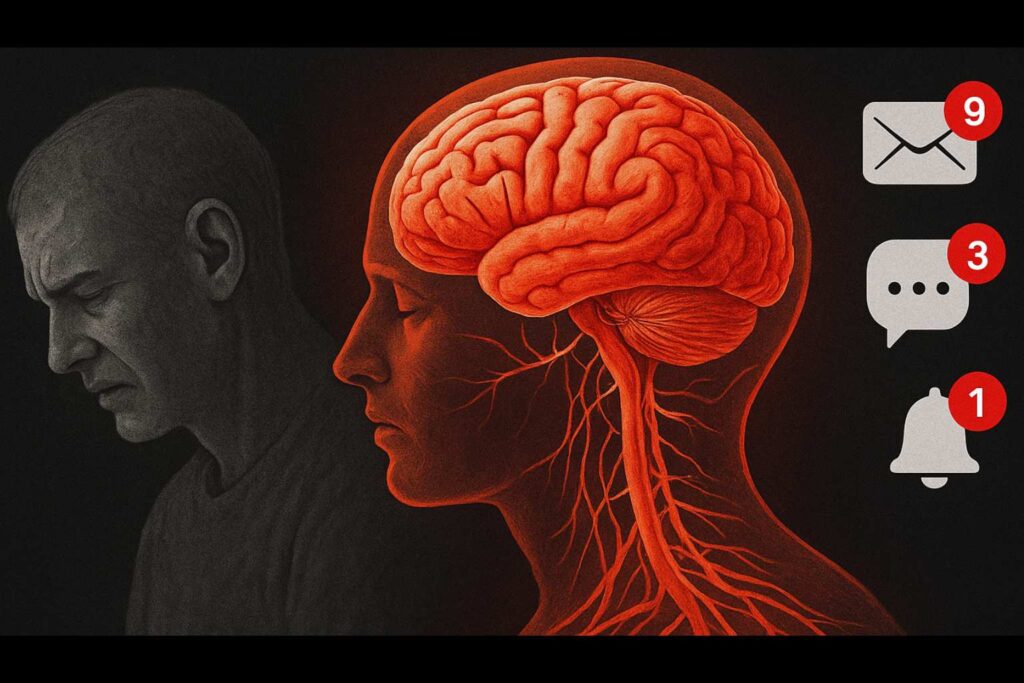 A figura de um homem visualmente cansado e ansioso sendo equiparada a figura ilustrativa da parte interna do sistema nervoso cerebral em colapso, por estímulos de alertas de dispositivos tecnológicos.