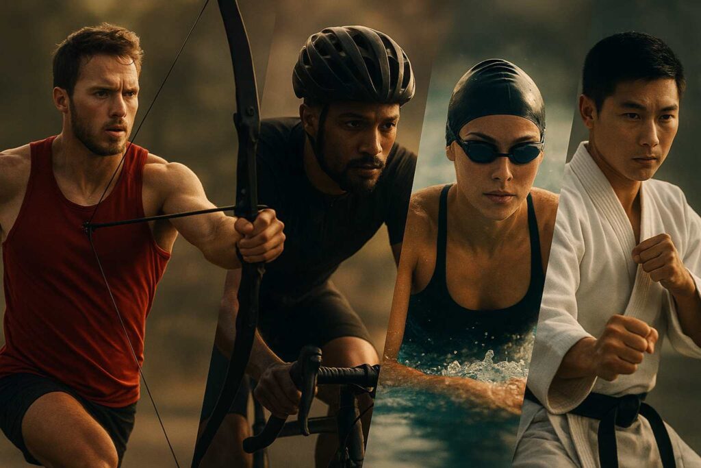 Atletas em diferentes modalidades esportivas demonstrando hiperfoco e concentração total, representando o poder mental e físico na busca pela superação pessoal.