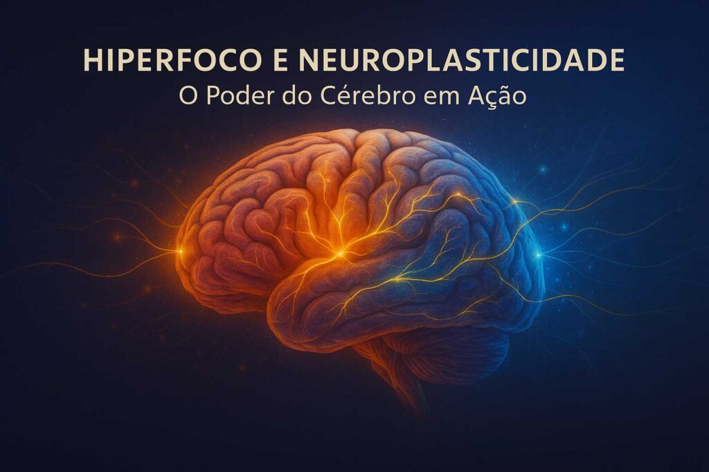 Cérebro humano em perspectiva tridimensional com fluxos de energia e conexões luminosas, simbolizando o impacto do hiperfoco e da neuroplasticidade no aprimoramento das funções mentais.