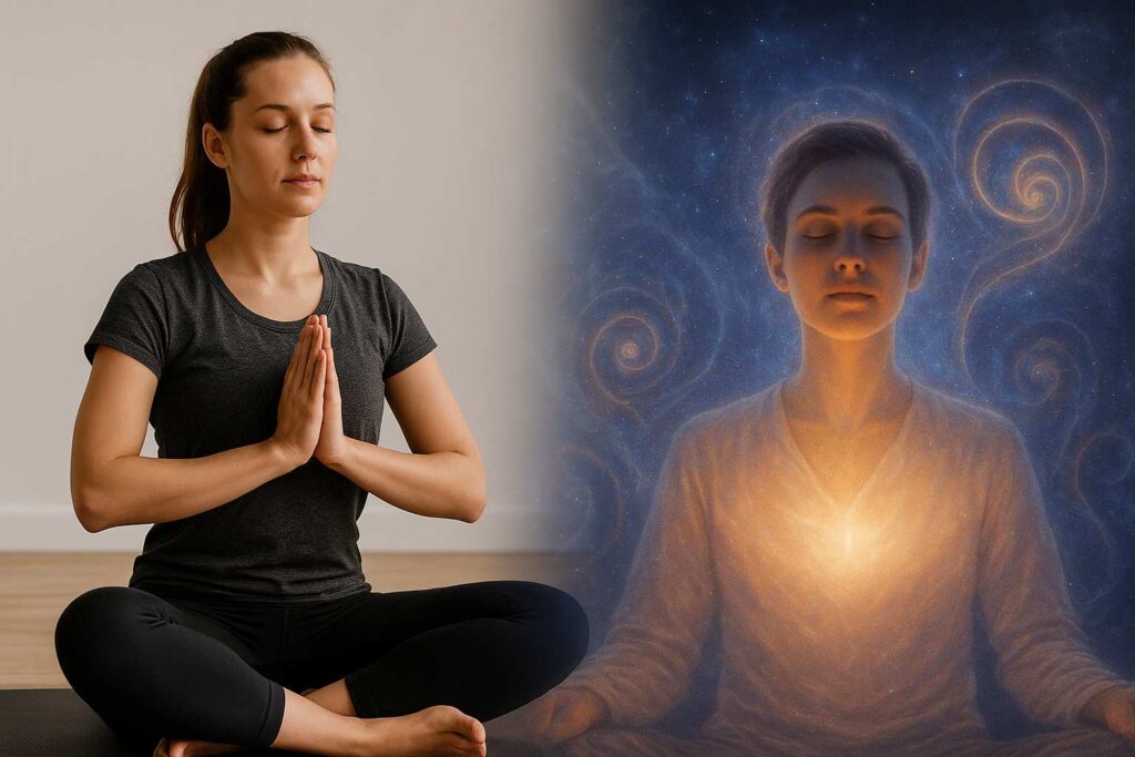 Colagem de duas figuras humanas, uma representando a atenção plena enquanto prática corporal, e outra à meditação enquanto prática espiritual.