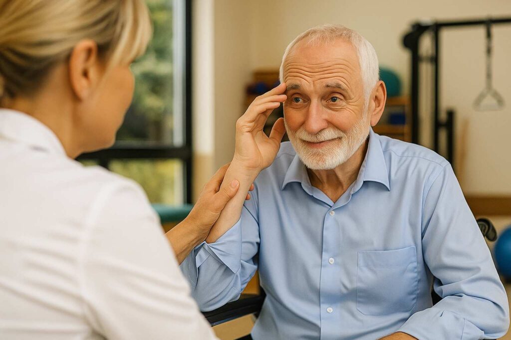 Estilo de vida de um idoso com foco na prevenção do Alzheimer recebendo os cuidados de uma pessoa.