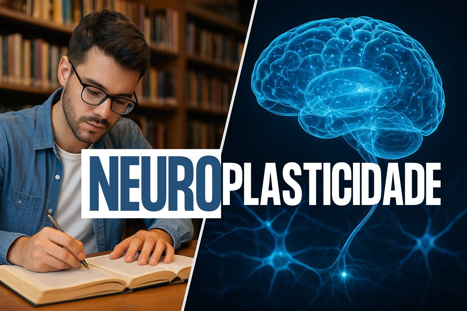 Estudante escrevendo enquanto um cérebro virtual conectado por sinapses e luzes representa a neuroplasticidade e a expansão da memória humana.