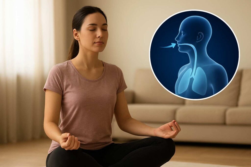 Figura humana em postura de meditação sentada trabalhando a concentração e a respiração consciente, preenchendo os pulmões na inspiração.