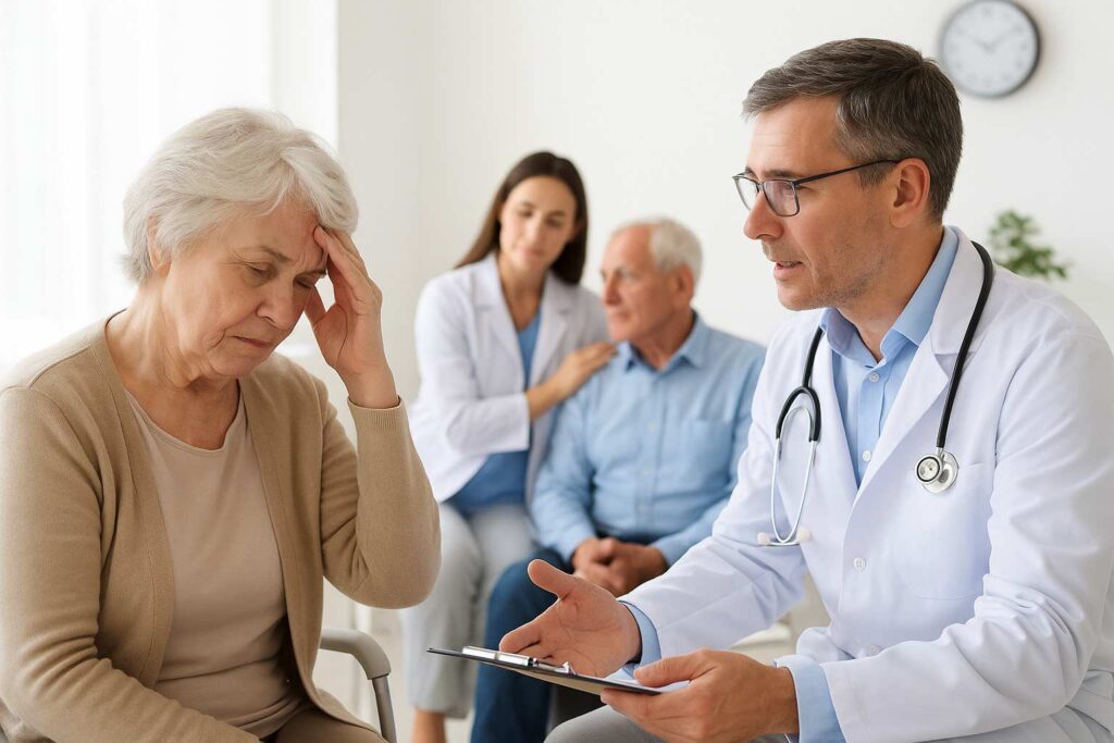 Idoso recebendo acompanhamento de um profissional médico diagnosticado com Alzheimer.