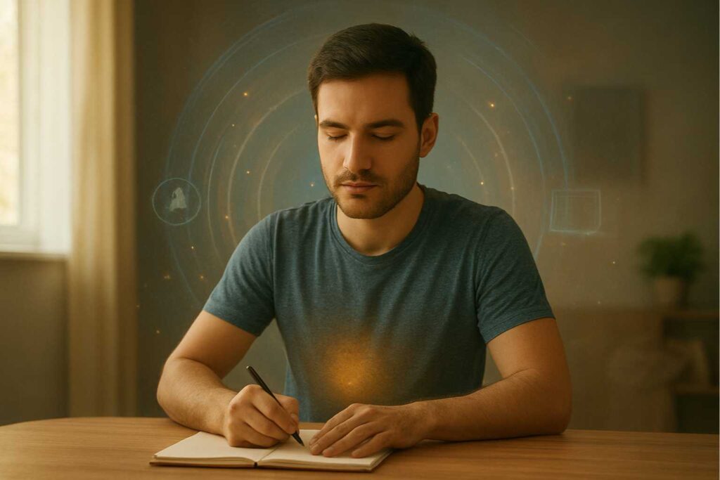 Pessoa em estado de hiperfoco concentrada em uma única tarefa, com distrações digitais desfocadas ao redor, simbolizando atenção plena sem diagnóstico clínico.