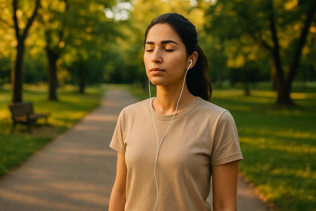 Pessoa em um parque fazendo uma pausa em sua caminhada, com fones de ouvido silenciando e um semblante tranquilo.