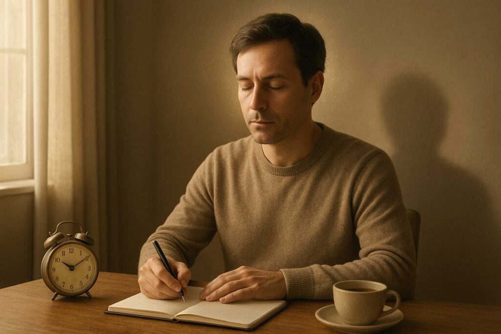 Pessoa sentada diante de uma mesa escrevendo em um caderno, representando o autoconhecimento e a observação como práticas essenciais para desenvolver o foco e compreender as próprias emoções.