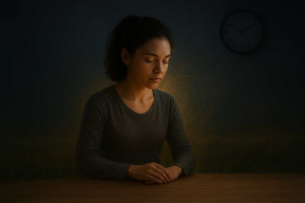 Pessoa exausta e isolada diante de uma tela de computador, simbolizando o lado negativo do hiperfoco — isolamento, exaustão mental e perda de noção do tempo.