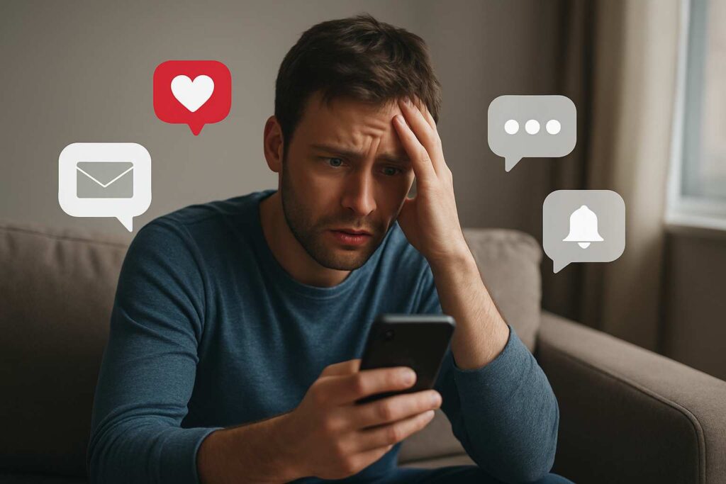 Pessoa hiperconectada a aplicativos e redes sociais com seu aparelho celular, e perdido em meio a muitos alertas simultâneos e notificação de informações.