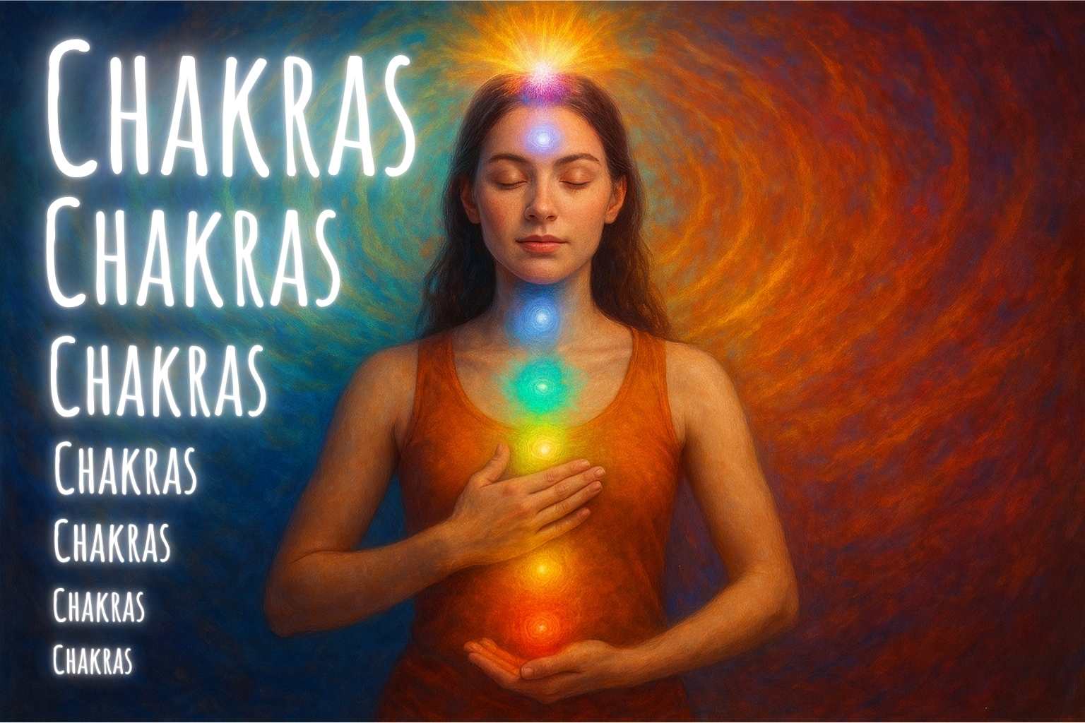 Pessoa meditando com os sete chakras iluminados, simbolizando equilíbrio entre corpo, mente e espírito, em fundo com cores azul e laranja vibrantes.