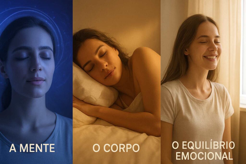 Colagem horizontal de uma imagem realista mostrando o impacto do sono na mente, no corpo e no equilíbrio emocional, com três cenas representativas.