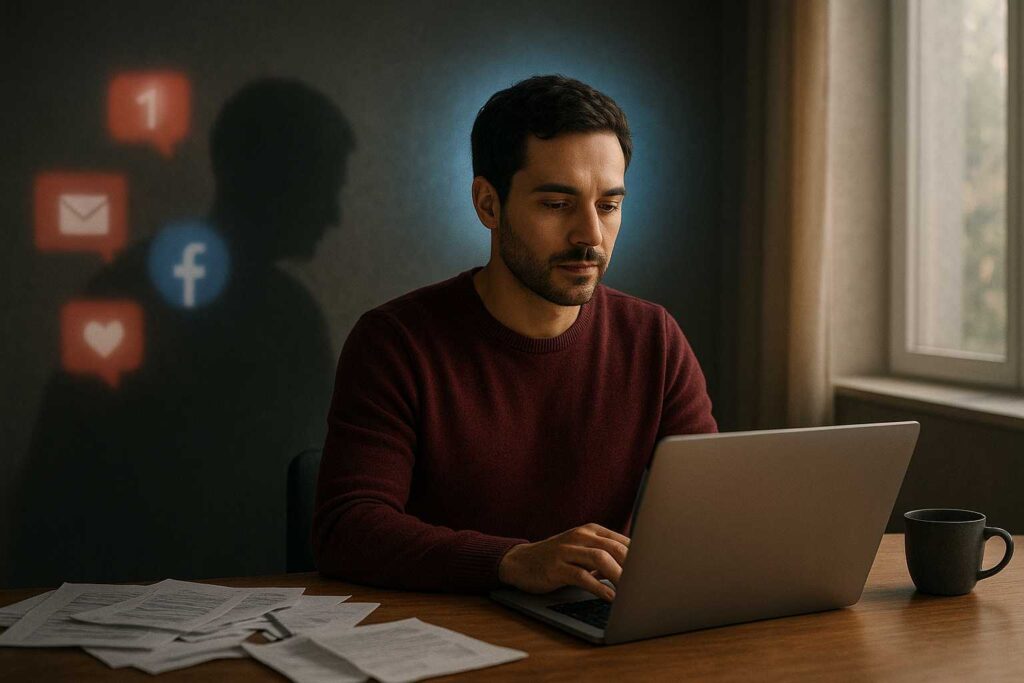Representação realista de pessoa concentrada em meio a distrações mentais e digitais, simbolizando gatilhos de perda de atenção e o início da consciência sobre o hiperfoco.
