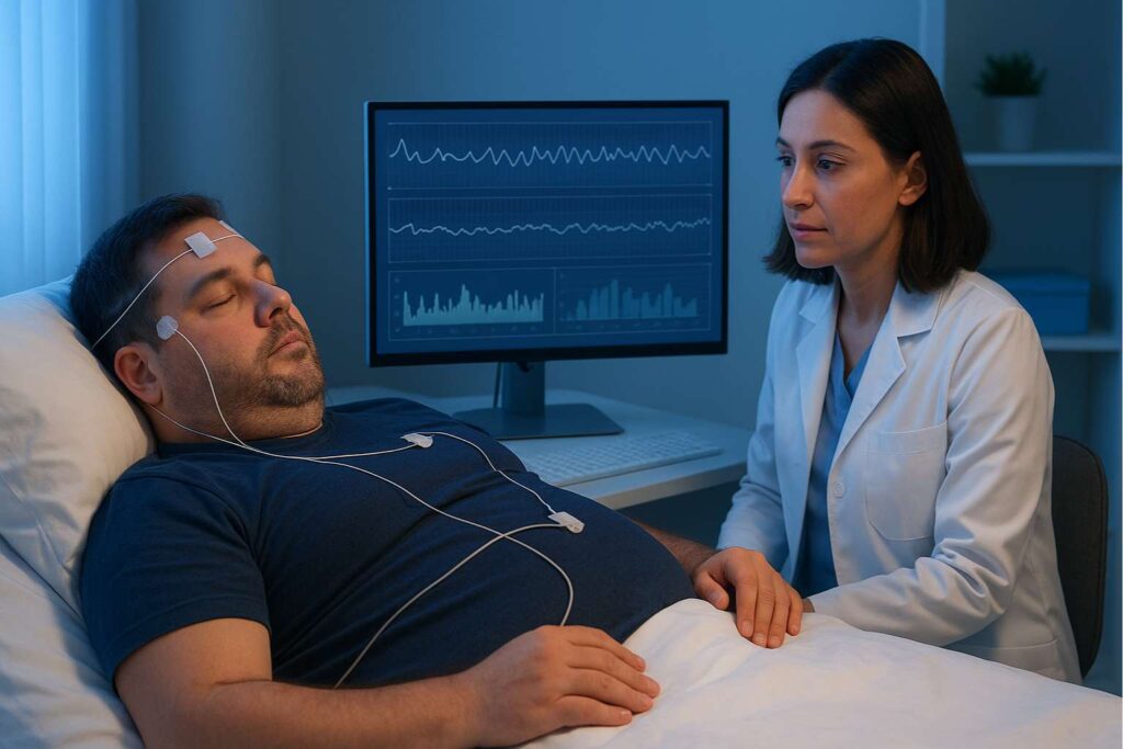 Homem obeso realizando exame de sono com sensores e monitoramento médico, em ambiente calmo e moderno, representando a investigação de distúrbios do sono e sinais de alerta para saúde e qualidade de vida.