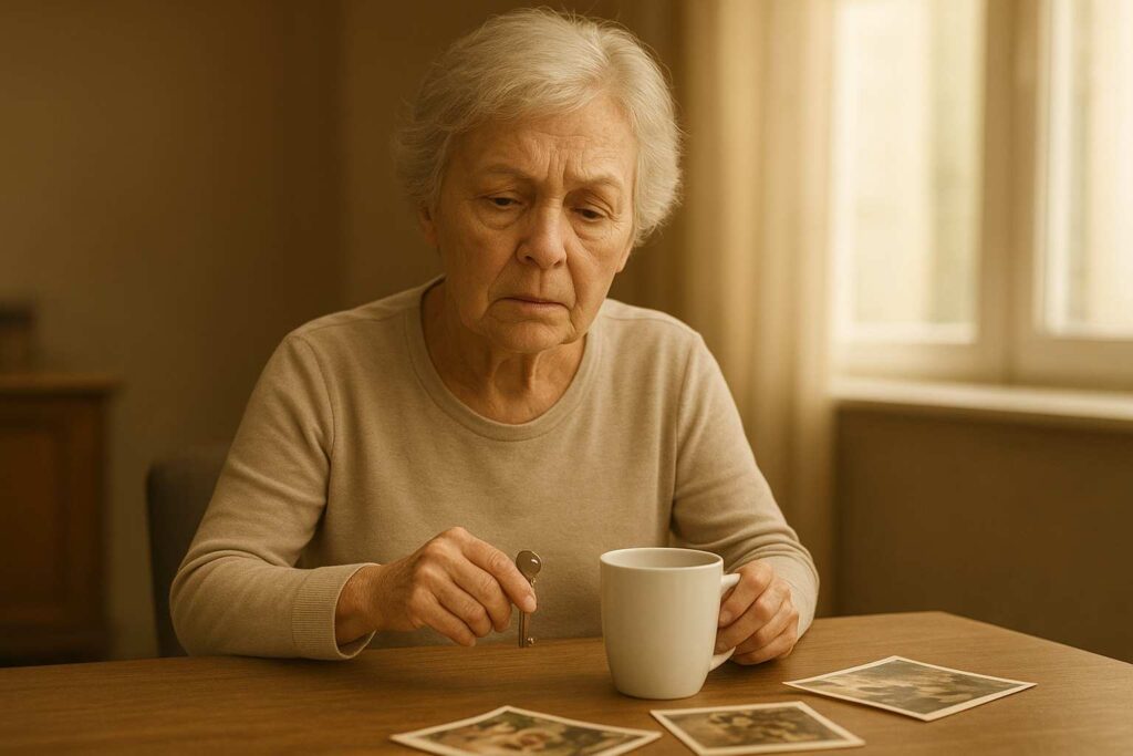 Idoso com semblante sereno, olhando confuso para um objeto cotidiano em uma sala iluminada pela luz natural, simbolizando as primeiras alterações de memória causadas pela Doença de Alzheimer.