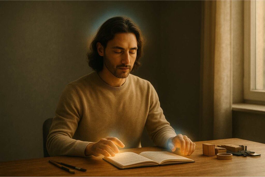 Ilustração criada com inteligência artificial, representando o hiperfoco como uma ferramenta espiritual e meditativa.