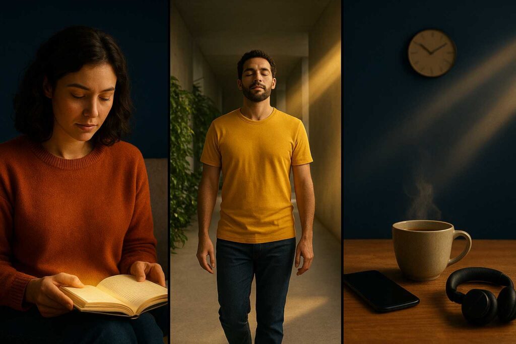 Representação realista de pessoas praticando técnicas de hiperfoco, incluindo leitura profunda, meditação ativa e desconexão programada, em um ambiente calmo e moderno que simboliza o equilíbrio entre corpo e mente.