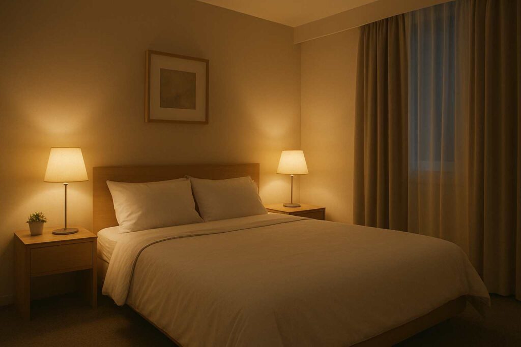 Quarto iluminado com luz amarelada e temperatura agradável, símbolo do ambiente ideal para um sono de qualidade.